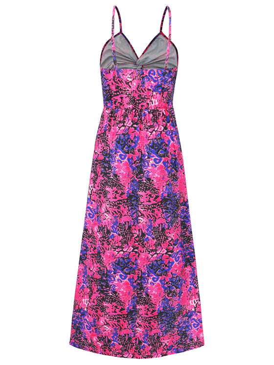 Back view of the Twisted Printed V-Neck Cami Dress with its elegant maxi length.