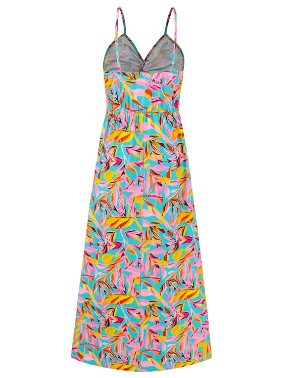 Back view of the Twisted Printed V-Neck Cami Dress with its elegant maxi length