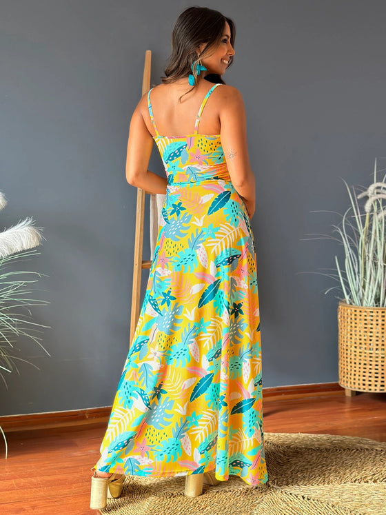 Back view of the Twisted Printed V-Neck Cami Dress with its elegant maxi length.