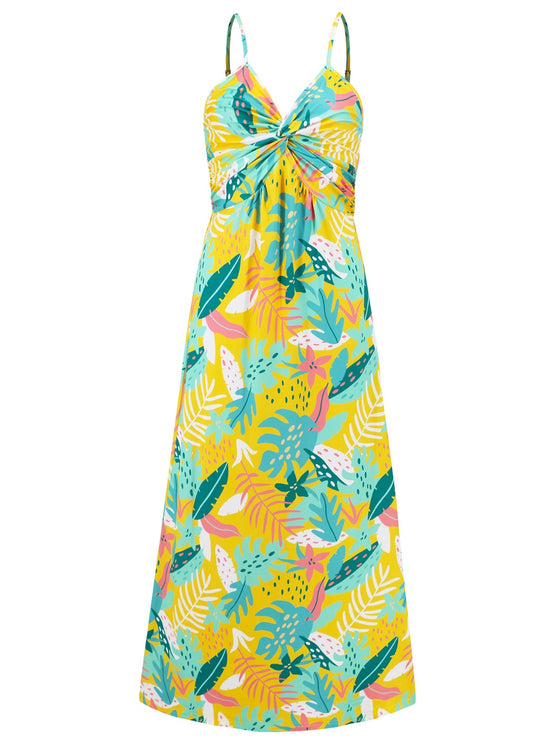 Front view of the Twisted Printed V-Neck Cami Dress with bold floral print and twisted neckline.