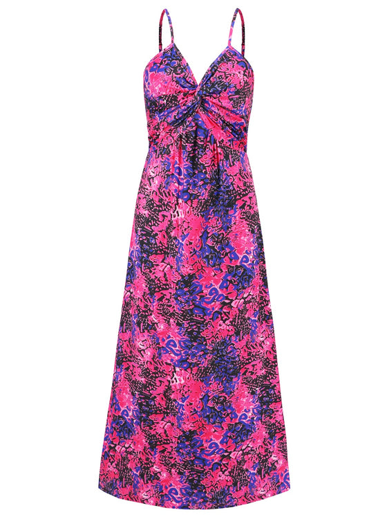 Front view of the Twisted Printed V-Neck Cami Dress with bold floral print and twisted neckline.