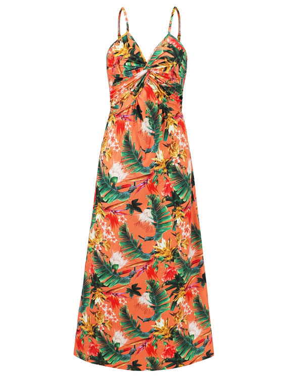 Front view of the Twisted Printed V-Neck Cami Dress with bold floral print and twisted neckline.