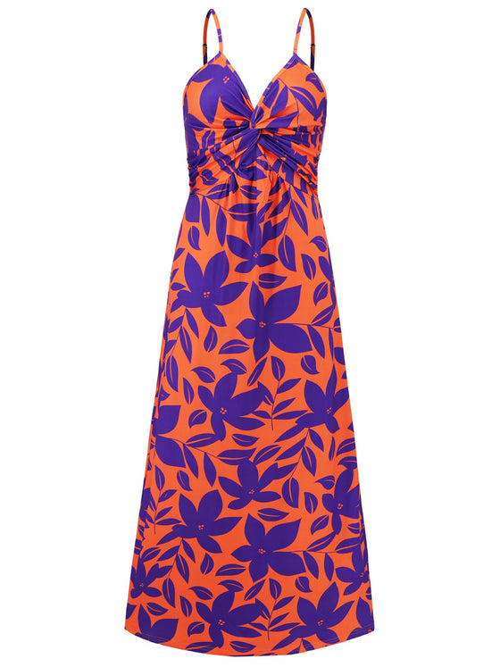 Front view of the Twisted Printed V-Neck Cami Dress with bold floral print and twisted neckline.