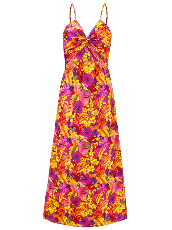 Front view of the Twisted Printed V-Neck Cami Dress with bold floral print and twisted neckline.