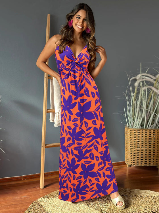 Front view of the Twisted Printed V-Neck Cami Dress with bold floral print and twisted neckline.