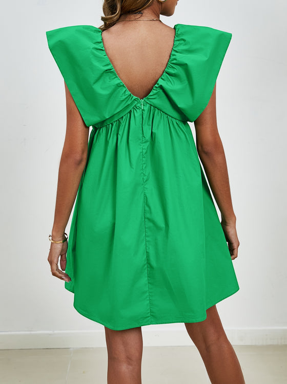  Back view of the V-Neck Cap Sleeve Mini Dress with its flattering A-line design.