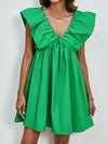 Front view of the orange V-Neck Cap Sleeve Mini Dress showcasing its flowy fit and cap sleeves.