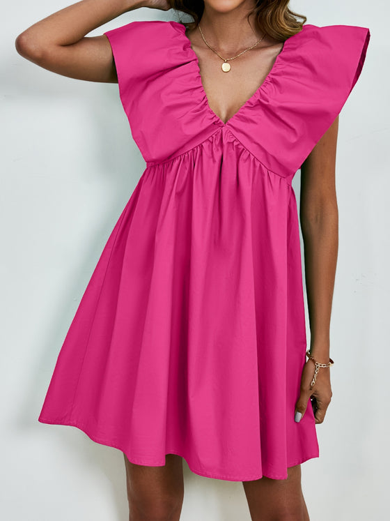 Front view of the orange V-Neck Cap Sleeve Mini Dress showcasing its flowy fit and cap sleeves.