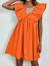 Front view of the orange V-Neck Cap Sleeve Mini Dress showcasing its flowy fit and cap sleeves.