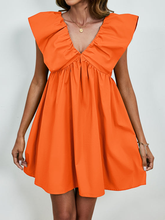 Front view of the orange V-Neck Cap Sleeve Mini Dress showcasing its flowy fit and cap sleeves.