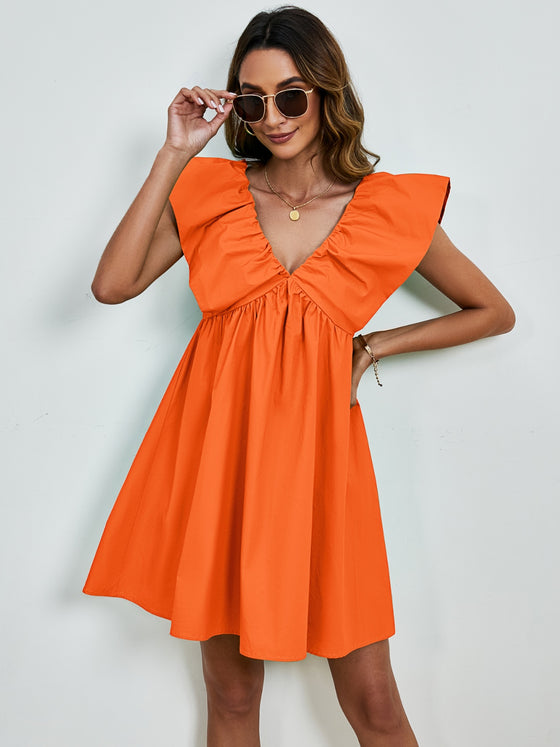 Front view of the orange V-Neck Cap Sleeve Mini Dress showcasing its flowy fit and cap sleeves.