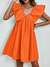 Front view of the orange V-Neck Cap Sleeve Mini Dress showcasing its flowy fit and cap sleeves.