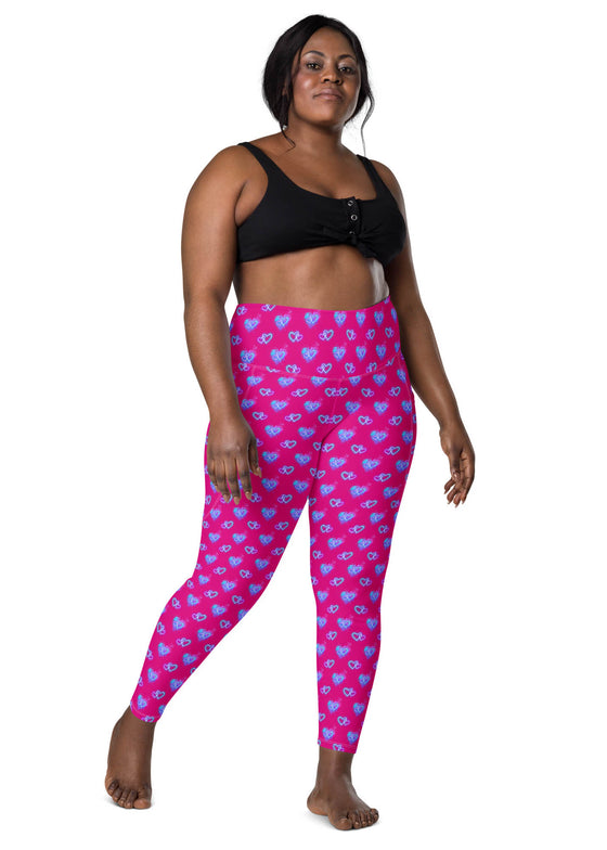 Plus-size woman wearing Vibrant Neon Heart violet-red high-waisted leggings with pockets, front view. Comfortable and stylish workout leggings for women with a high-rise, compression fit and bold neon heart print.