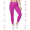 Text details of Vibrant Neon Heart violet-red high-waisted leggings with pockets. Features include high-rise compression, functional pockets, bold neon heart print, and a tapered fit. Perfect for workouts, yoga, or casual wear.