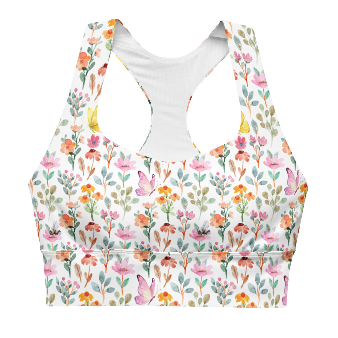 Closeup of bee and flower print on front of white sports bra. Features double-layered support, longline cut, and removable padding for active performance.
