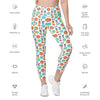 Product image highlighting text details of white floral high waisted leggings with pockets, featuring a vibrant floral design and functional side pockets, perfect for women’s activewear.