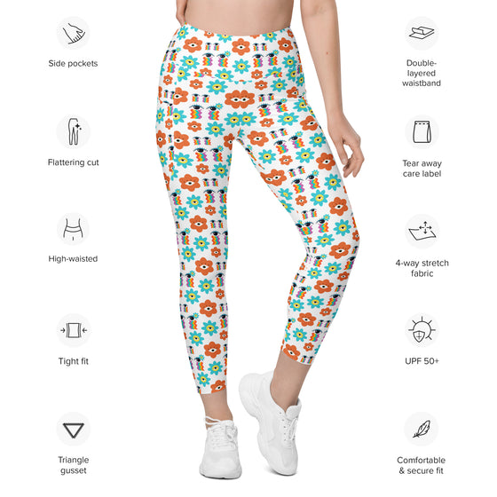 Product image highlighting text details of white floral high waisted leggings with pockets, featuring a vibrant floral design and functional side pockets, perfect for women’s activewear.