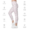 Side view of women's leggings with pockets in a never ending hearts print. High waisted and stretchy compression leggings with a flattering silhouette.
