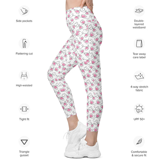 Side view of women's leggings with pockets in a never ending hearts print. High waisted and stretchy compression leggings with a flattering silhouette.
