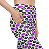 Closeup of white high waist leggings with purple and black lips print and side pocket. Compression leggings for women with pockets for everyday wear.