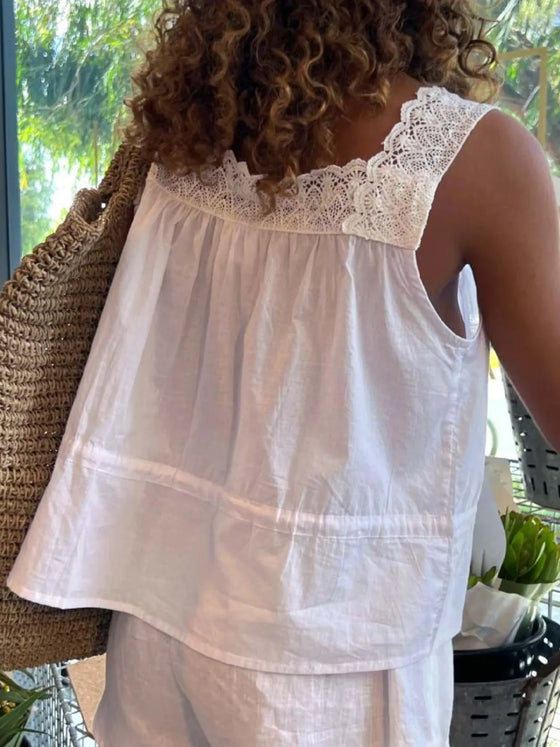 Back view of the White Lace Detail Drawstring Tank showing the simple back design and flowy cut.

