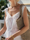 Front view of the White Lace Detail Drawstring Tank featuring delicate lace trim and adjustable drawstring.