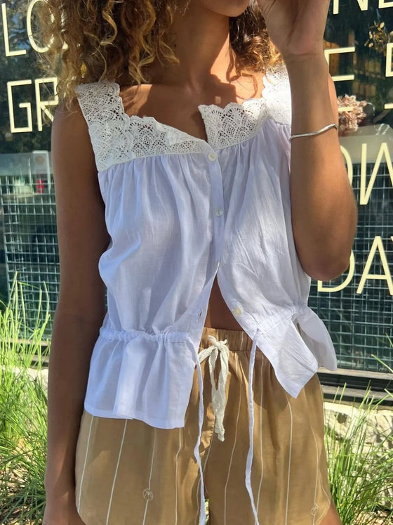 Full front view of the White Lace Drawstring Tank paired with casual bottoms for a summer-ready look.