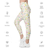 Closeup of floral print on white leggings. High waisted leggings with pastel spring pattern, soft fabric, and deep side pockets.