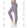Closeup of waistband and pop lips print on white high waisted leggings. Women’s leggings with pockets and mild compression support.
