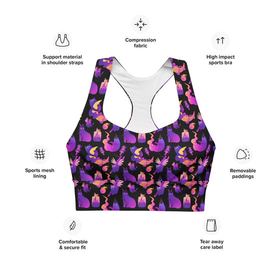 Close-up of the Witchy Kitties Black Racerback Sports Bra front, highlighting the mystical cat print, breathable mesh lining, and high-impact support for gym and fitness activities.