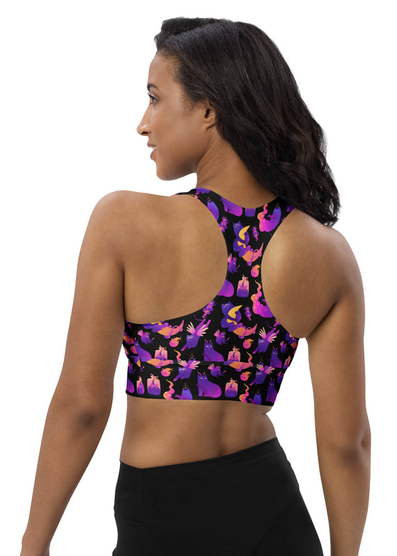 Back view of the Witchy Kitties Black Racerback Sports Bra. Racerback design for unrestricted movement, moisture-wicking fabric, and high-impact support for gym sessions and running.