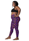 Side view of plus-size woman in Witchy Kitties Printed Black high-waist leggings with pockets. Soft, stretchy fabric and enchanting cat print for a comfortable yet stylish fit.