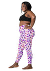 Side view of plus-size woman in Witchy Kitties Printed White high-waist leggings with pockets. Fun, functional, and comfortable leggings for everyday wear and workouts.
