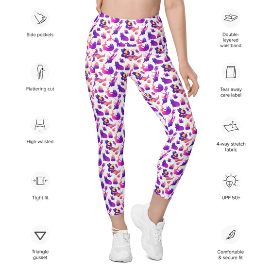 Text view of woman wearing Witchy Kitties Printed White high-waist leggings with pockets. Playful and magical cat print with a high-waisted, flattering fit for every occasion.