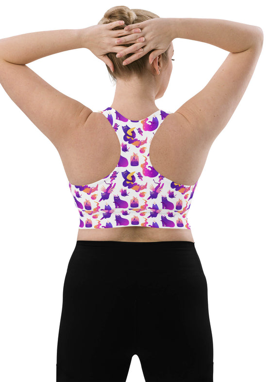 Large-size back view of the Witchy Kitties White Racerback Sports Bra. Designed for high-impact activities with compression fabric, adjustable straps, and a supportive racerback fit.