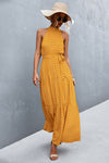 Front view of yellow printed tie waist maxi dress with relaxed fit—bright, breathable design for casual summer elegance.