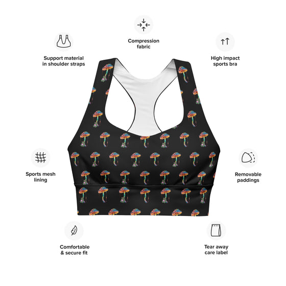 Zen Frog Black High Support Sports Bra. Featuring a unique frog print, double-layered fabric, and racerback design, providing maximum support for high-impact gym sessions, running, and jumping.