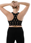 Back view of woman in Zen Frog Black High Support Sports Bra, large size. Double-layered design and high support, perfect for women looking for comfort and performance in their activewear.