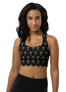  Woman wearing Zen Frog Black High Support Sports Bra. Featuring a unique frog print, this high-impact sports bra provides maximum support for intense gym sessions and workouts with a stylish racerback design.