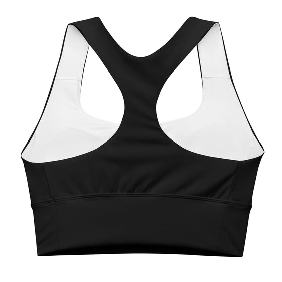 Back view of Zen Frog Black Racerback Longline Sports Bra. The racerback design enhances comfort and movement, while the longline cut offers additional support and coverage, perfect for workouts or casual wear.
