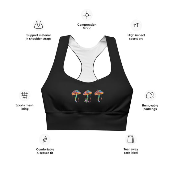 Zen Frog Black Racerback Longline Sports Bra with text highlighting the playful frog and neon mushroom print, longline design, and racerback for superior fit and comfort. Ideal for high-impact workouts or casual, stylish streetwear.