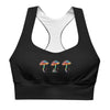 Front view of Zen Frog Black Racerback Longline Sports Bra. Featuring a unique frog and neon mushroom design, this sports bra offers high support and coverage, making it perfect for high-impact activities and chic streetwear looks.