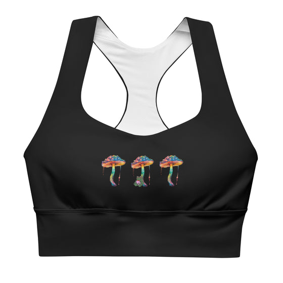 Front view of Zen Frog Black Racerback Longline Sports Bra. Featuring a unique frog and neon mushroom design, this sports bra offers high support and coverage, making it perfect for high-impact activities and chic streetwear looks.