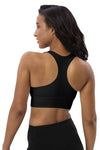 Back view of Zen Frog Black Racerback Longline Sports Bra. Racerback style offers excellent freedom of movement, while the longline cut provides extra support for a secure fit during intense workouts or casual wear.