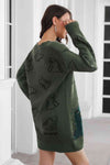 Back view of the Dinosaur Pattern V-Neck Sweater Dress in army green color with dinosaur print.