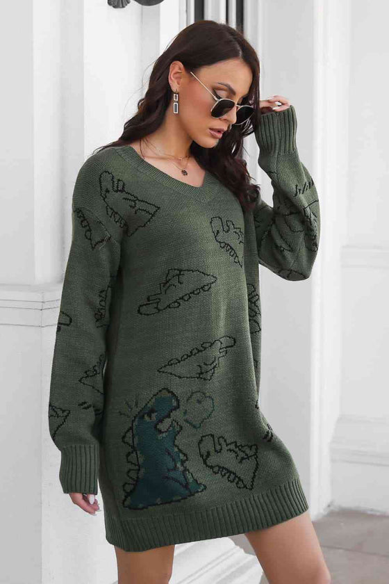 Side view of the Dinosaur Pattern V-Neck Sweater Dress in army green color showing ribbed details.