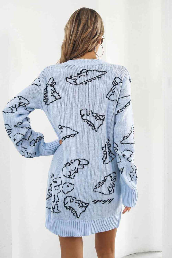 Back view of the Dinosaur Pattern V-Neck Sweater Dress in pastel blue color with dinosaur print.