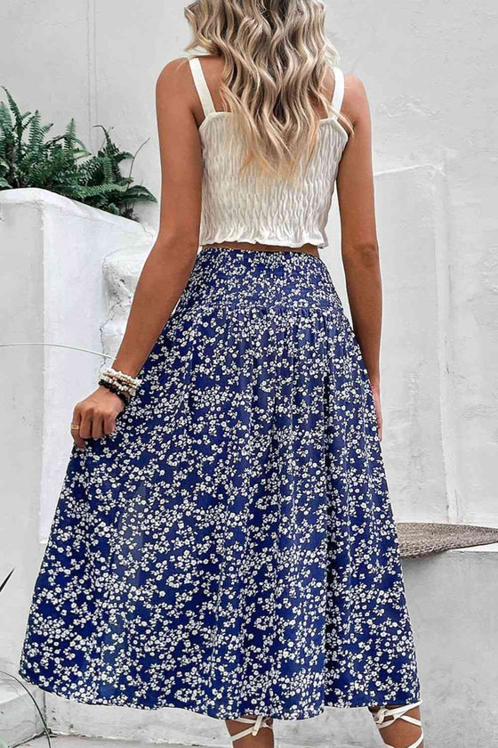 Back view of the floral midi skirt highlighting the loose, comfortable style.